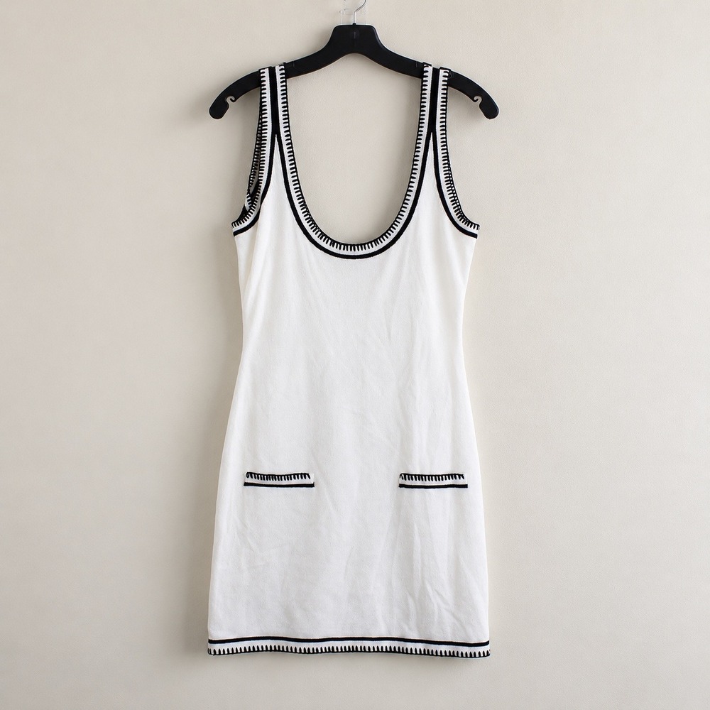 SNDYS Beverly Mini Dress White Black Contrast Trim Knit Scoop Back SFD699 Large